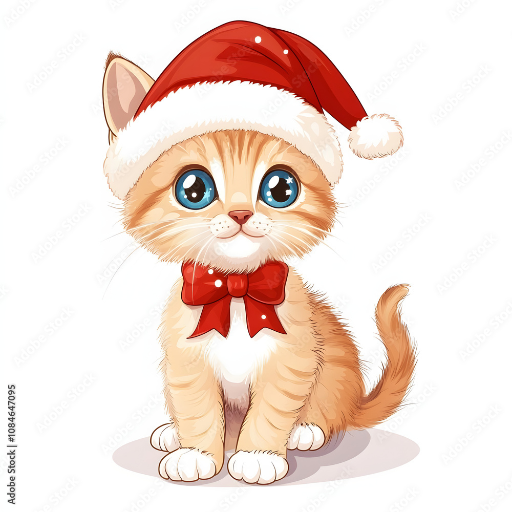 Cute cartoon cat with christmas sants claus hat on white background Cute cartoon cat with christmas sants claus hat on white background