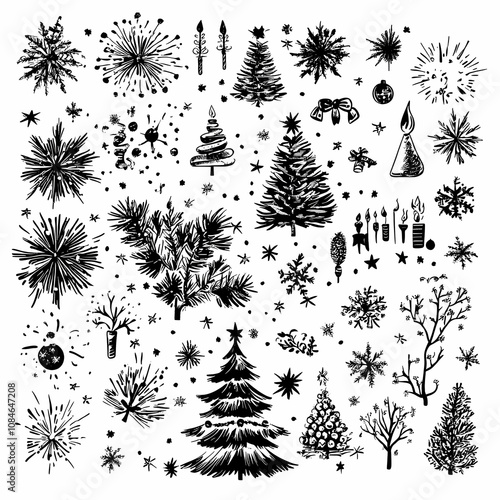 Elegant Hand-Drawn Black Ink Illustrations of Christmas and New Year Celebration Elements: 100 Unique Festive Designs Featuring Trees, Bells, Snowflakes, Gifts, and More photo