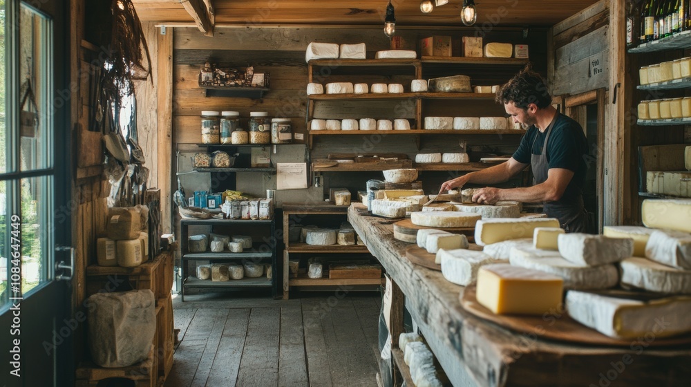 Rustic Creamery Interior with Artisanal Cheese Maker Crafting Cheeses Rustic Creamery Interior with Artisanal Cheese Maker Crafting Cheeses
