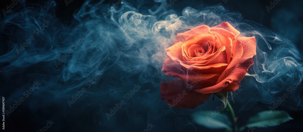 A single orange rose with stem and leaves emerges from blue smoke against a dark background. A single orange rose with stem and leaves emerges from blue smoke against a dark background.