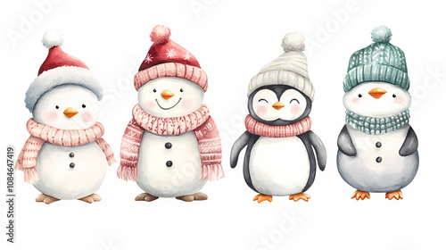 Adorable Holiday Animation Set Featuring Watercolor Snowman, Teddy Bear, Penguin, and Scandinavian Dwarf in Cozy Knitted Attire, Perfect for Christmas Projects