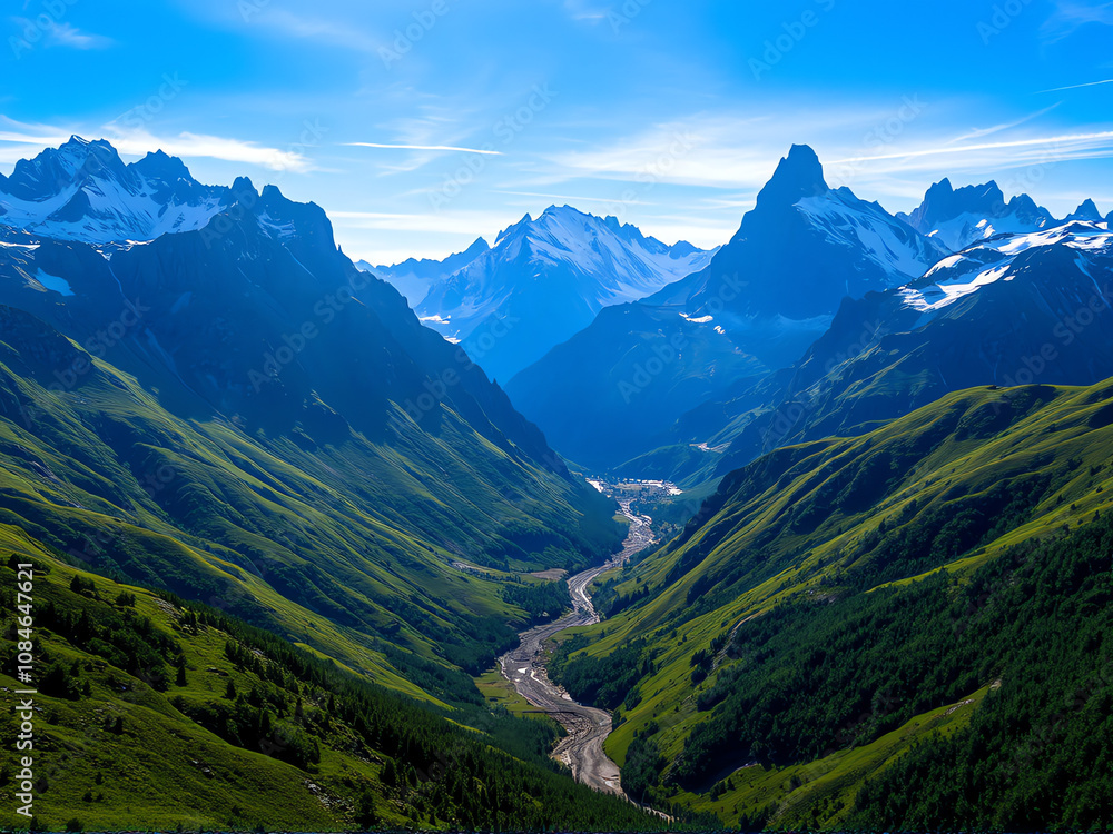 Stunning panoramic view of green valleys and snow-capped mountains under bright blue sky in serene landscape during daytime Stunning panoramic view of green valleys and snow-capped mountains under bright blue sky in serene landscape during daytime