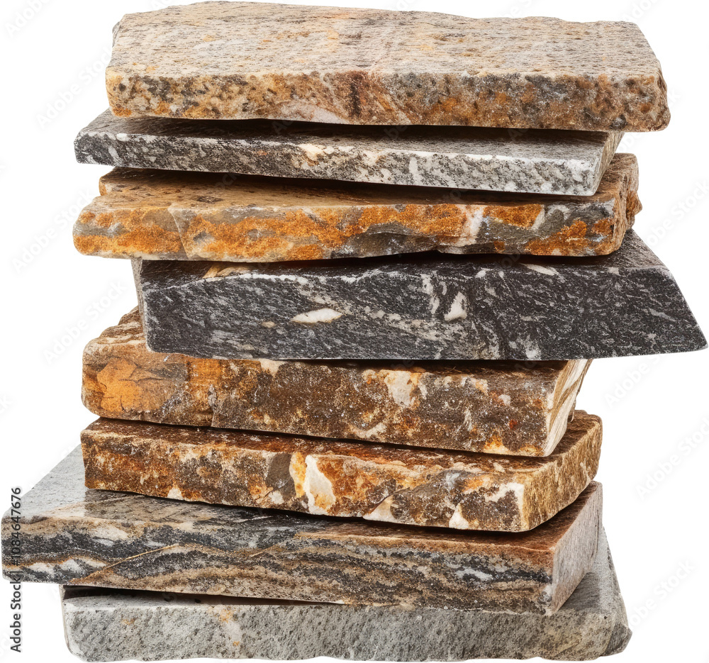 A stacked arrangement of various textured stones, displaying a range of colors and patterns. A stacked arrangement of various textured stones, displaying a range of colors and patterns.