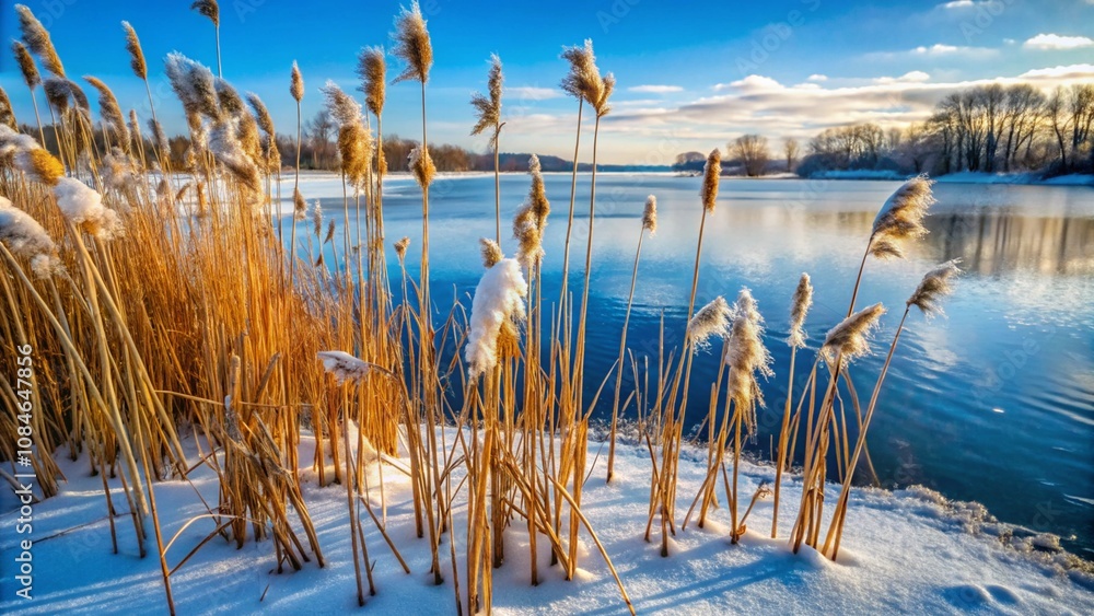 Reed stems emerging from the snow, frozen by a nearby icy lake or river. Reed stems emerging from the snow, frozen by a nearby icy lake or river.