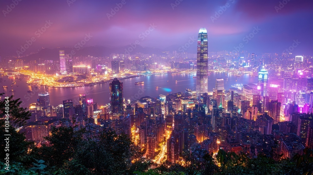 Obraz premium Night Lights of Hong Kong: A Panoramic View from the Peak