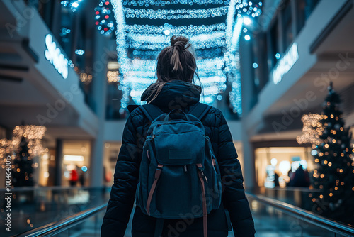 Young woman exploring a shopping mall with a backpack, modern retail environment, festive decorations, and vibrant lighting creating a dynamic and inspiring atmosphere for lifestyle, travel, and holid photo