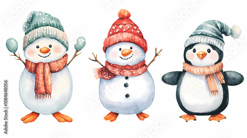 Adorable Christmas Cartoon Animation of Watercolor Snowman, Penguin, Teddy Bear, and Scandinavian Gnome in Festive Knitwear, Perfect for Holiday Projects photo