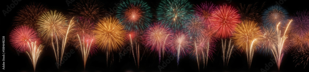 Festive fireworks display with happy new year in sparkling gold text Festive fireworks display with happy new year in sparkling gold text