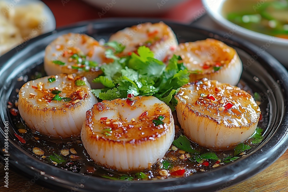 Delicious Pan-Seared Scallops with Cilantro and Spicy Sauce Delicious Pan-Seared Scallops with Cilantro and Spicy Sauce