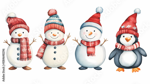 Whimsical Holiday-Themed Video Featuring Watercolor Snowman, Penguin, Teddy Bear, and Scandinavian Gnome in Knitted Accessories on Clean White Backdrop