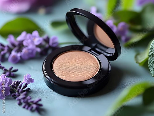 Vibrant Bronzer Compact on a Blocked Color Background Surrounded by Fresh Green Leaves and Purple Flowers, Ideal for Makeup and Beauty Concepts photo