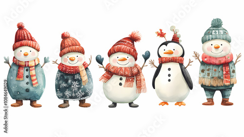 Charming Holiday Cartoon Video of Scandinavian Gnome, Snowman, Teddy Bear, and Penguin in Knitted Hats, Scarves, and Mittens, Watercolor Art Style