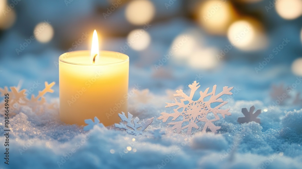 Lit candle in snowy landscape with glowing bokeh lights Lit candle in snowy landscape with glowing bokeh lights