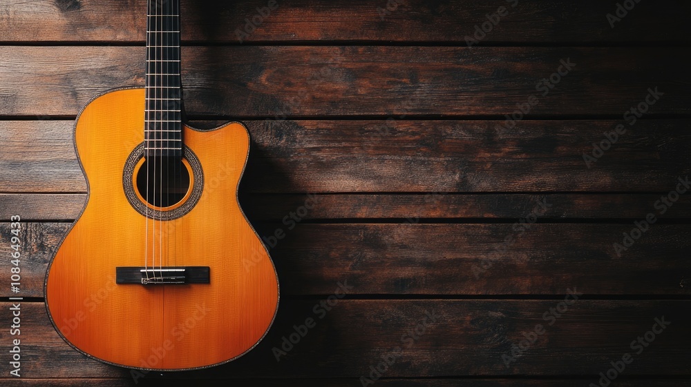 Obraz premium Wooden acoustic guitar on dark wooden background