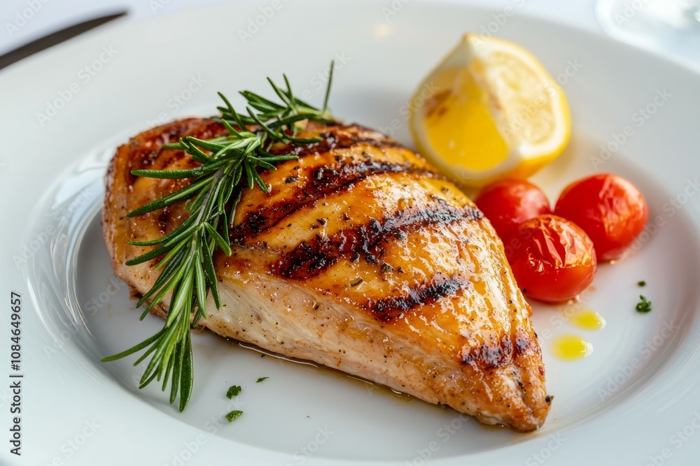 A piece of grilled chicken with lemon slices and rosemary on top A piece of grilled chicken with lemon slices and rosemary on top