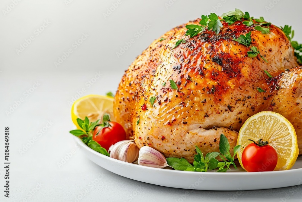 A large roasted chicken with lemon slices and parsley on a white plate A large roasted chicken with lemon slices and parsley on a white plate