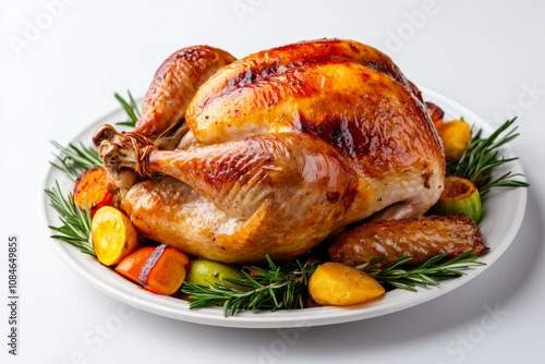 A large roasted turkey with vegetables on top of a white plate