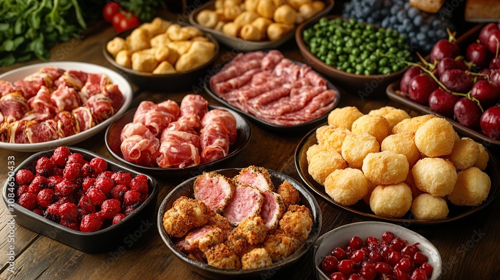 A Delicious Spread of Appetizers: Tapas, Cheese Balls, and Fruits A Delicious Spread of Appetizers: Tapas, Cheese Balls, and Fruits