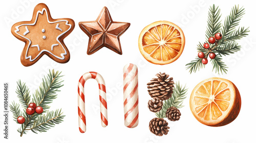 Watercolor Illustrations of Classic Christmas Ornaments, Gingerbread Cookie, Candy Cane, Fir Tree, Spruce, and Holiday Treats, Isolated on White Background for Seasonal Designs