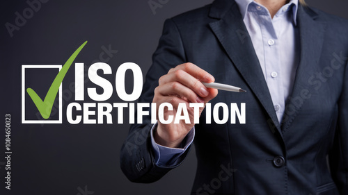 A woman is holding a pen and writing the word ISO on a black background. Concept of professionalism and importance, as the woman is dressed in a suit and he is in a formal setting