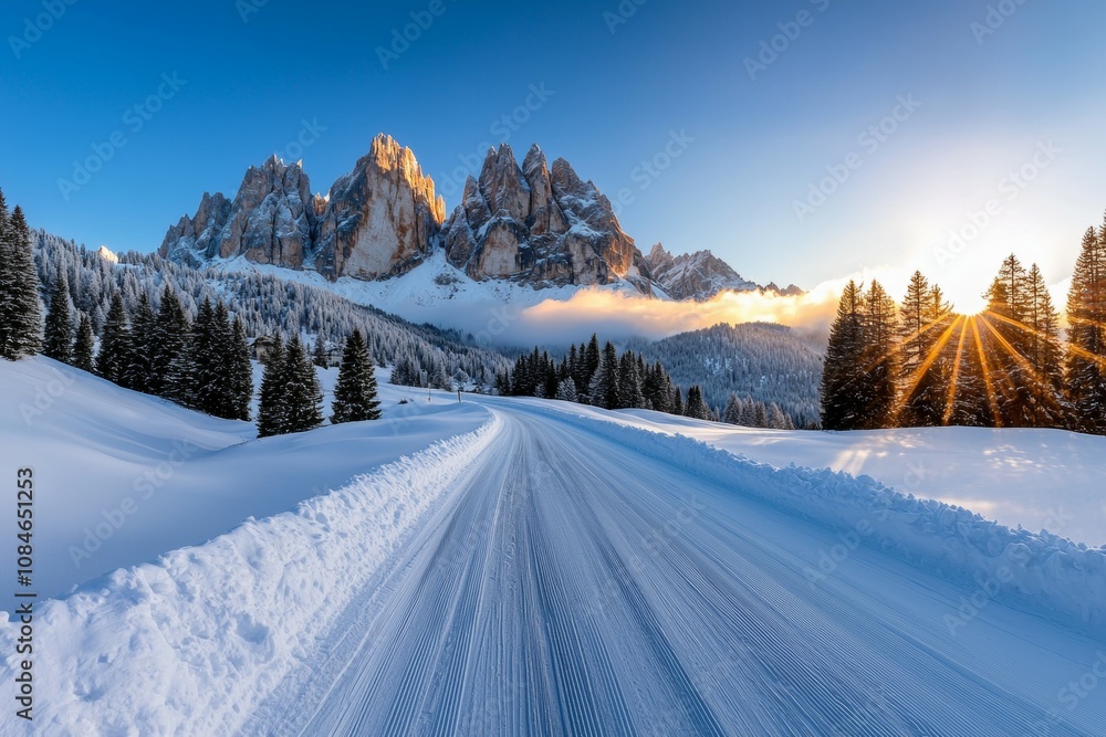A snow covered road with a mountain in the background A snow covered road with a mountain in the background