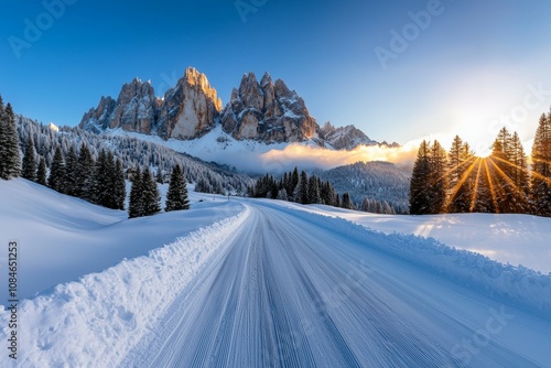 A snow covered road with a mountain in the background