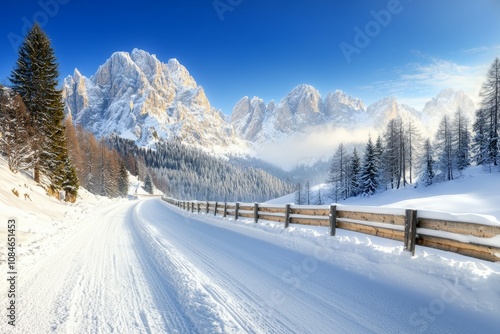 A snow covered road with a fence on the side