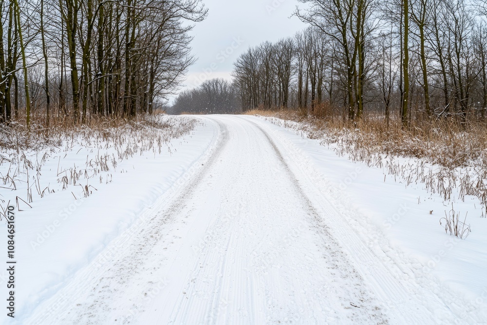 A snow covered road with trees in the background A snow covered road with trees in the background
