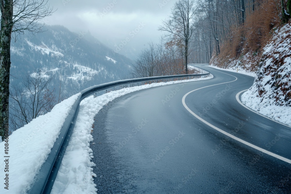 A snowy road with a curve and a mountain in the background A snowy road with a curve and a mountain in the background