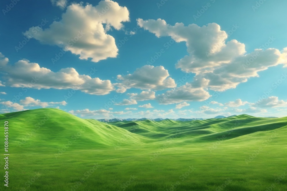 Fototapeta premium Green Grass field on Small Hills and Blue Sunny Sky, Green Hills Wallpaper, Green Hills Landscape, Green Field Landscape, green meadow and blue sky, AI Generative