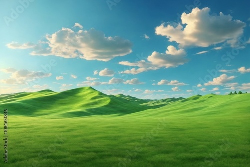 Green Grass field on Small Hills and Blue Sunny Sky, Green Hills Wallpaper, Green Hills Landscape, Green Field Landscape, green meadow and blue sky, AI Generative