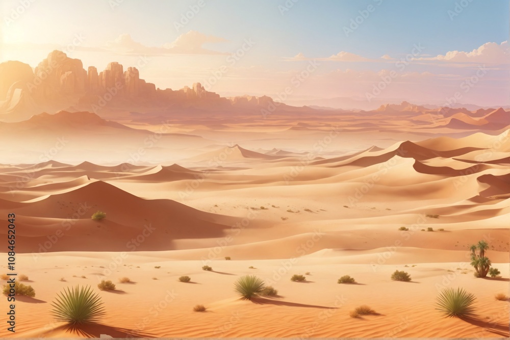 Naklejka premium Desert Landscape Background, Desert Background, Desert Wallpaper, Desert Scenery, Sand Desert&nbsp;Landscape, Sand desert scenery, Dune Landscape, AI Generative