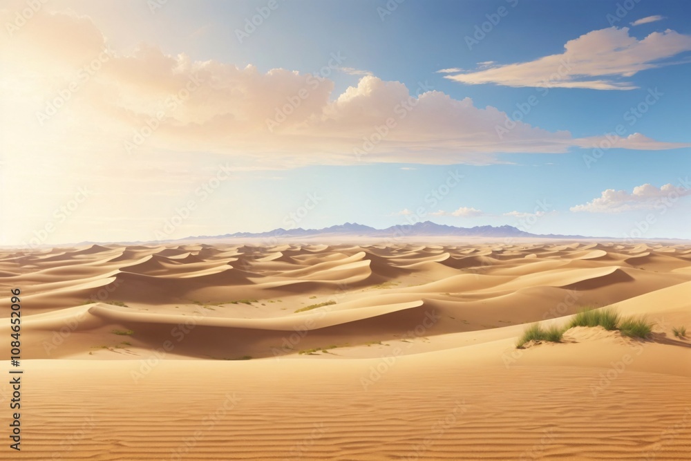 Naklejka premium Sandy Dunes Landscape Background, Sand Desert Landscape, Sand desert scenery, Dune Landscape, Desert Background, Desert Wallpaper, AI Generative