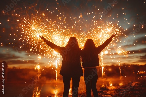 family, celebration, new year, fireworks, sparklers, winter, festive, joyful, warm clothing, outdoors, evening, snow, happiness, togetherness, holiday, winter hats, warm light, cozy atmosphere, smilin photo