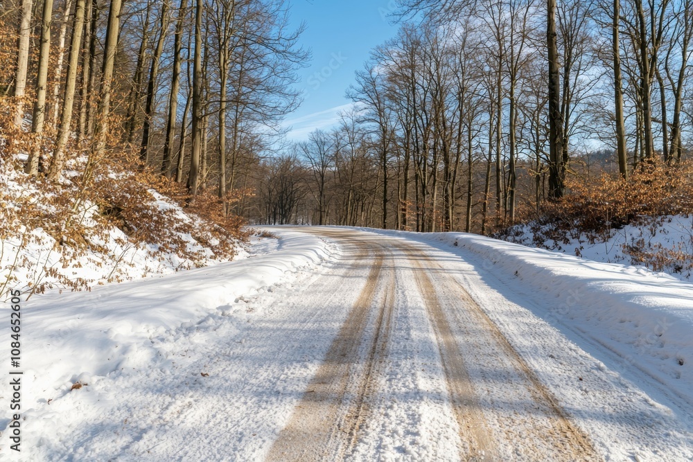 A snow covered road with a few trees in the background A snow covered road with a few trees in the background