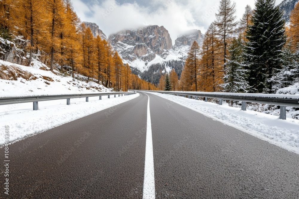 A snow covered road with a line painted down the middle A snow covered road with a line painted down the middle