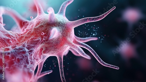 Close-up view of a pink neuron with dendrites and synapses on a blue background, representing neural network biology