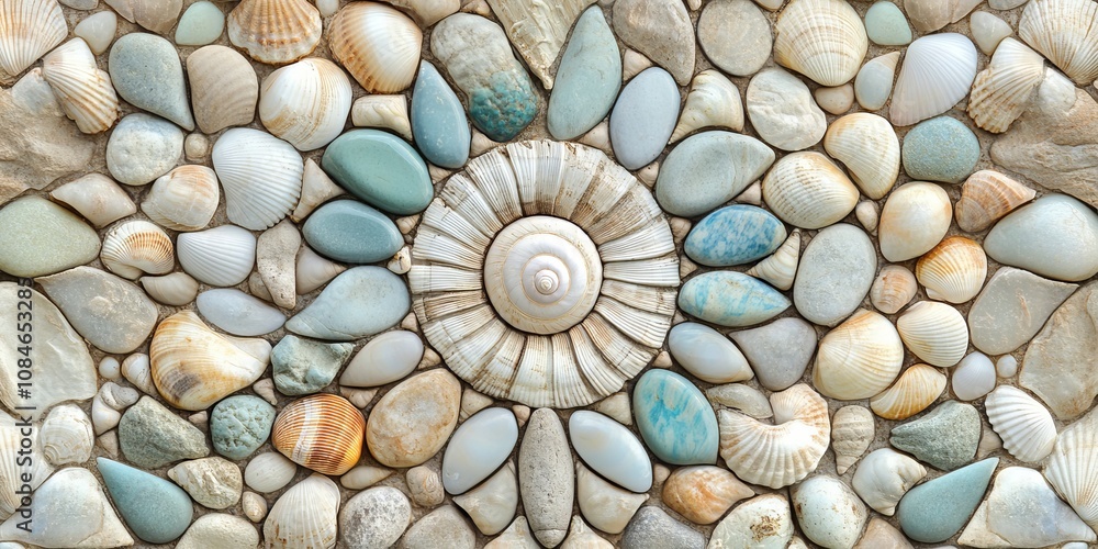 Decorative seashell and pebble mosaic creating a stunning circular pattern Decorative seashell and pebble mosaic creating a stunning circular pattern