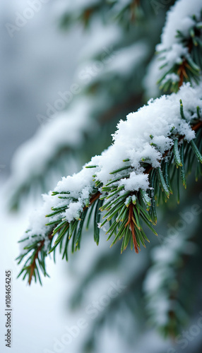 Snow-covered pine branch with green needles on a winter day with copy space