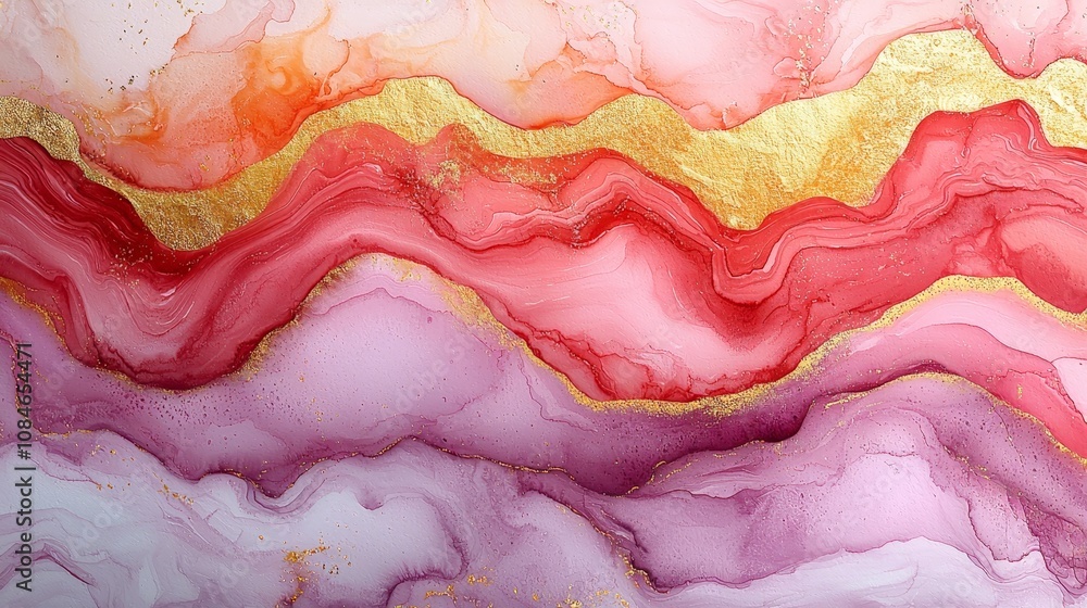 Abstract artwork featuring flowing waves of pink, red, and gold hues. Abstract artwork featuring flowing waves of pink, red, and gold hues.