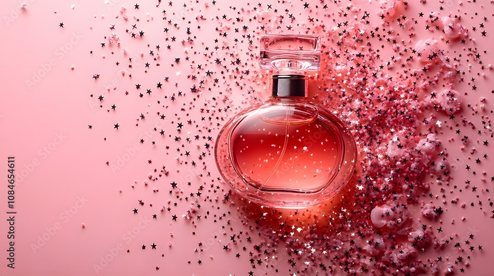 A Dreamy Arrangement of a Perfume Bottle Floating Among Tiny Pastel Stars on a Soft Pink Background, Perfect for Beauty and Lifestyle Themes A Dreamy Arrangement of a Perfume Bottle Floating Among Tiny Pastel Stars on a Soft Pink Background, Perfect for Beauty and Lifestyle Themes