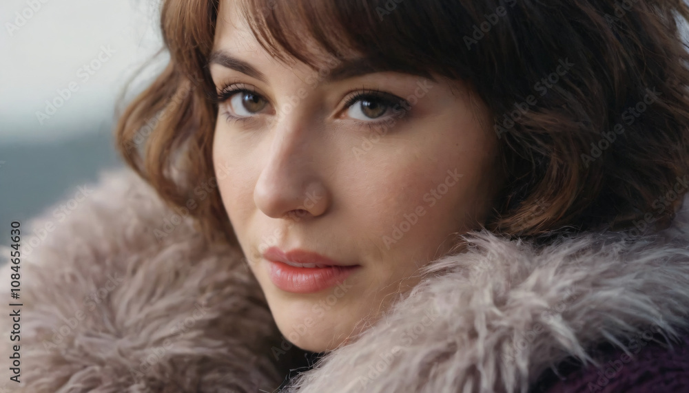 Young woman with brown hair and fur coat, reflective mood, close-up portrait against a blurred background Young woman with brown hair and fur coat, reflective mood, close-up portrait against a blurred background
