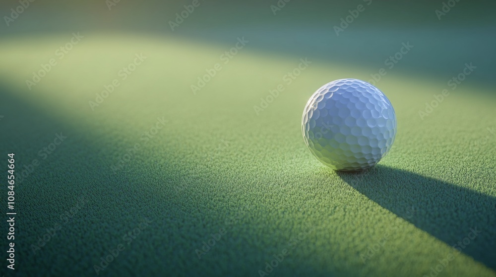 A single white golf ball sits on a green putting green, bathed in the warm light of the setting sun. A single white golf ball sits on a green putting green, bathed in the warm light of the setting sun.