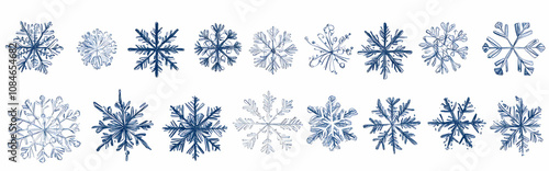 Set of Twenty Hand-Drawn Snowflake Icons Isolated on White Background, Perfect for Winter Designs and Holiday-Themed Graphics