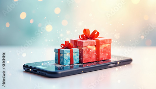 Festive gift boxes with ribbons displayed on a smartphone, cheerful holiday atmosphere with bokeh effect