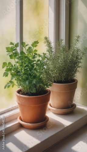 Fresh herbs in terracotta pots on a windowsill, vibrant atmosphere with natural light