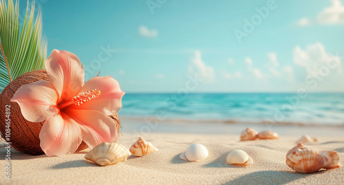 Tropical beach scene with an open coconut, an exotic flower and seashells on white sand, in front of a turquoise sea and clear sky. Perfect for conveying relaxation, vacations and paradise. Background photo