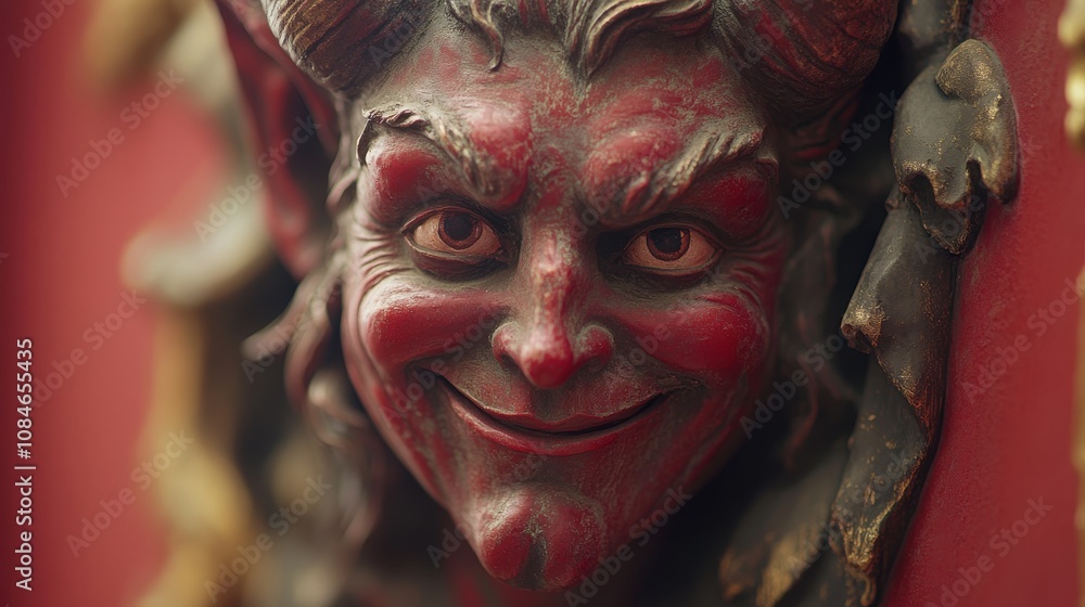 a red statue of a smiling devil a red statue of a smiling devil