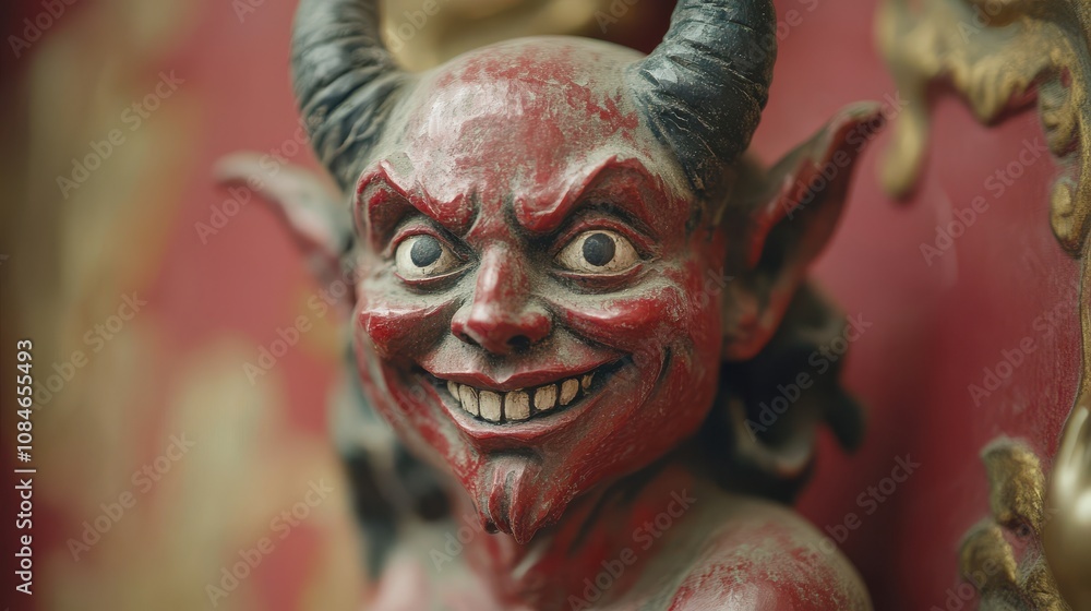 a red statue of a smiling devil a red statue of a smiling devil