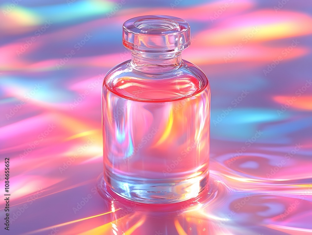 Beautifully Arranged Serum Bottle Reflects Layered Shadows on Soft Colorful Background Illuminated with Vibrant Hues and Elegant Light Effects Beautifully Arranged Serum Bottle Reflects Layered Shadows on Soft Colorful Background Illuminated with Vibrant Hues and Elegant Light Effects